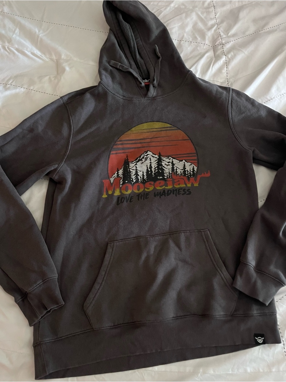 Moosejaw Men's Gray Pullover Hoodie with Sunset Mountain Graphic M